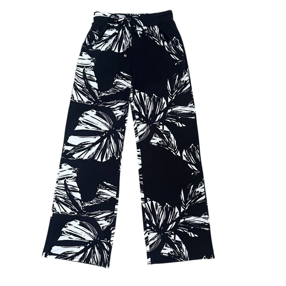 Sandiva Black White Abstract Wide Leg Pants XS Drawstring Pockets Stretch